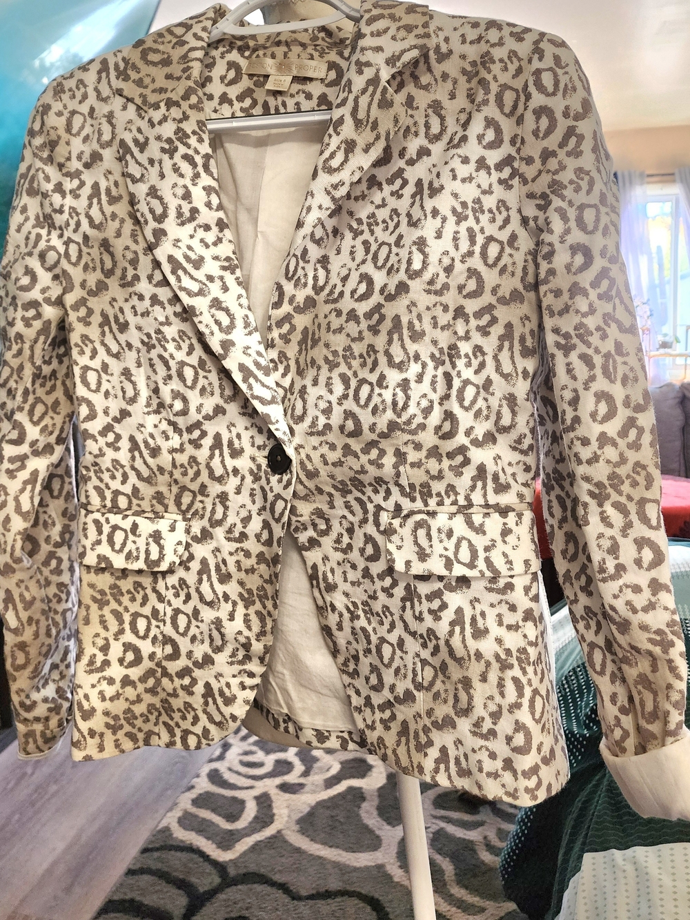 Leopard Print Women's Blazer Jacket - White/Taupe Sz 6